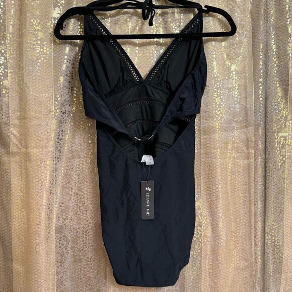 Tempt Me Black Halter Neck Sheer Striped One Piece Swimsuit Med NWT - Picture 2 of 8